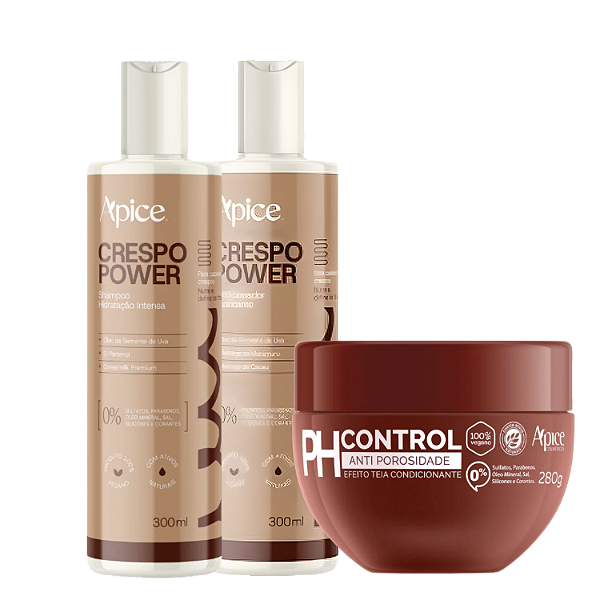 Kit Acidificante Crespo Power Shampoo, Condicionador e Ph Control - Apice | Antiporosidade e Selagem das Cutículas.