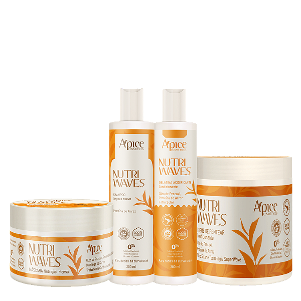 Kit Nutri Waves Creme de Pentear, Shampoo, Gel, Máscara - Apice | Cachos Definidos, Hidratados e com Brilho