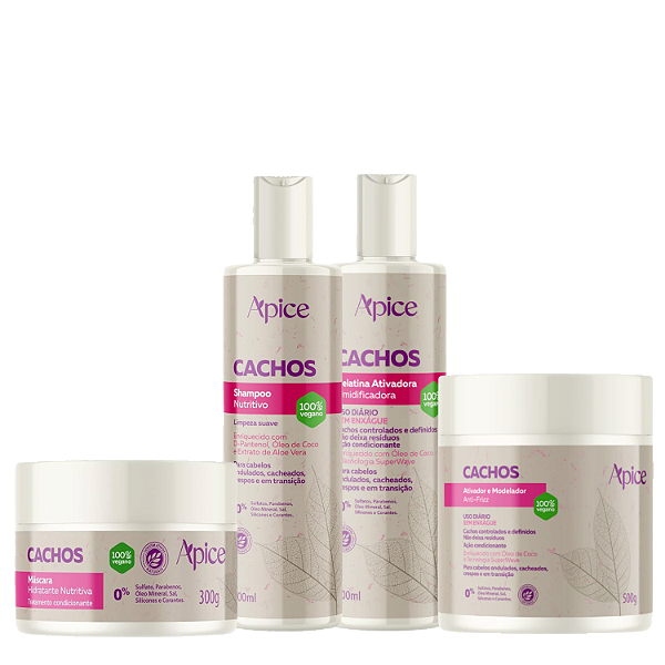 Kit Apice Shampoo, Gel, Máscara, Ativador de Cachos - Cachos definidos, Hidratados e sem Frizz