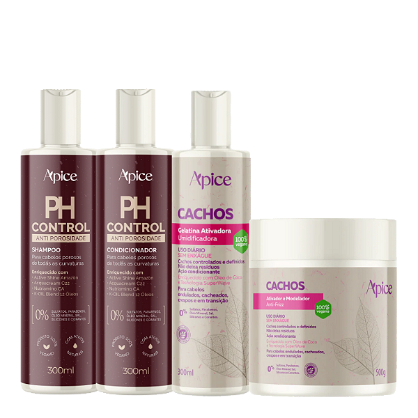 Kit Ph Control, Gelatina Cachos e Creme Cachos - Apice | Antiporosidade, Brilho e Cachos Definidos