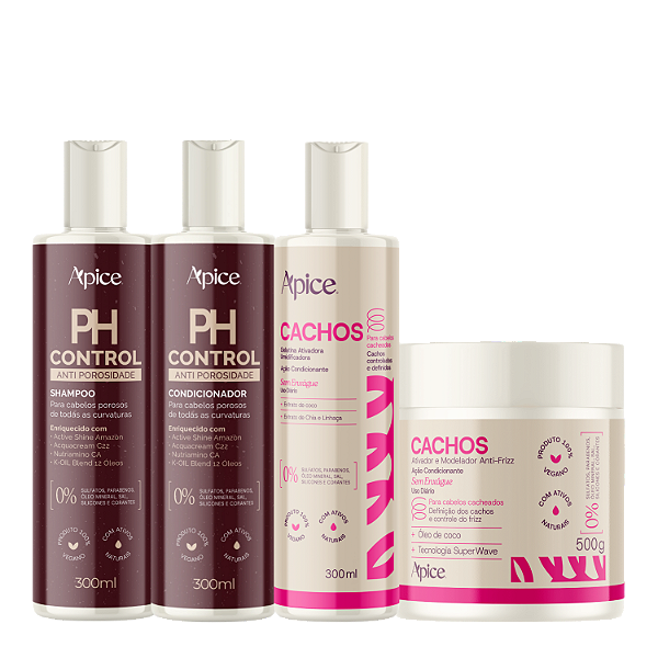 Kit Ph Control, Gelatina Cachos + Ativador de Cachos - Apice | Antiporosidade, Brilho e Cachos Definidos