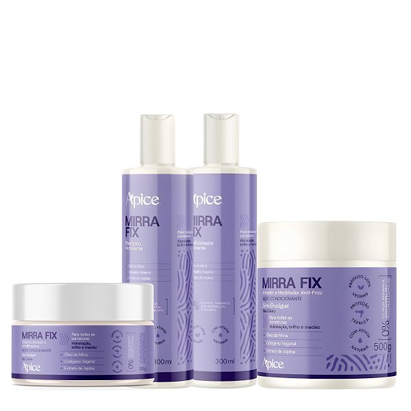 Kit Mirra Fix Shampoo, Condicionador, Ativador e Gelatina - Apice | Cachos Definidos e Brilhantes