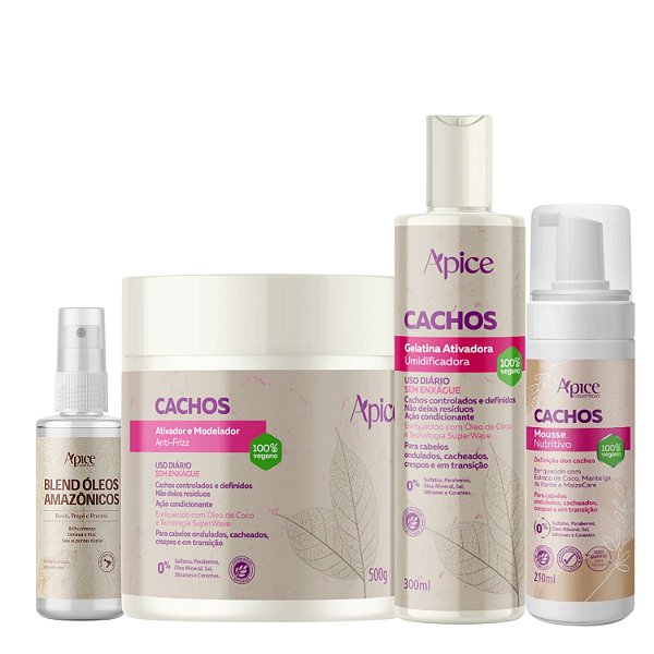 Kit Cachos Mousse, Gelatina, Óleo e Ativador de Cachos - Apice | Finalização Completa e Duradoura