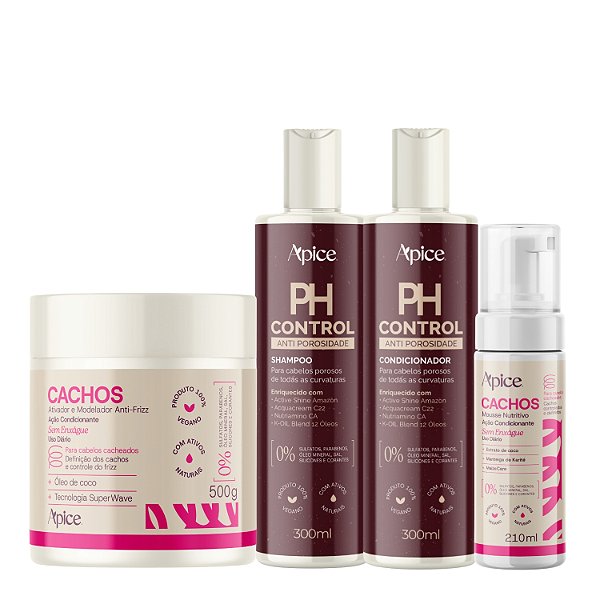 Kit Ph Control + Mousse e Ativador de Cachos Essence - Apice | Definição, Controle do Frizz e da Porosidade