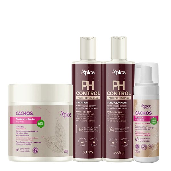 Kit Antiporosidade Shampoo e Condicionador Ph Control + Ativador e Mousse Cachos - Apice | Para Cabelo Ressecado
