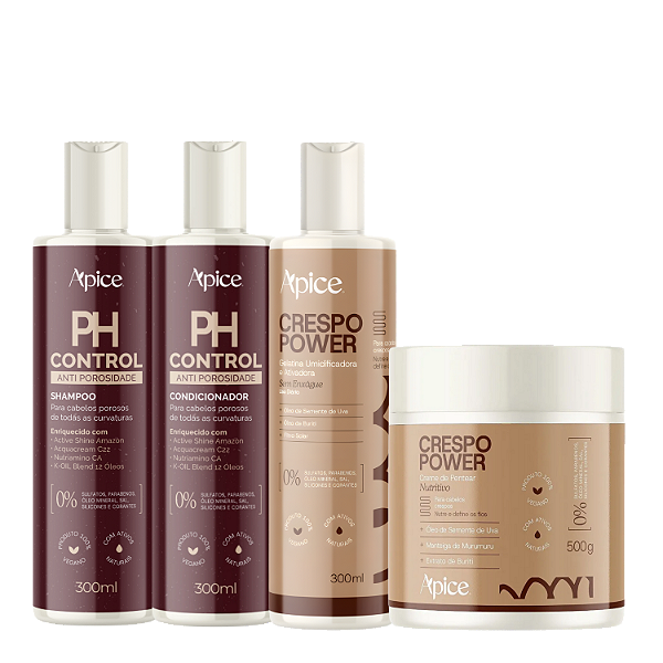 Kit Apice Ph Control + Gelatina + Creme Crespo Power - Brilho, Definição Intensa e Duradoura