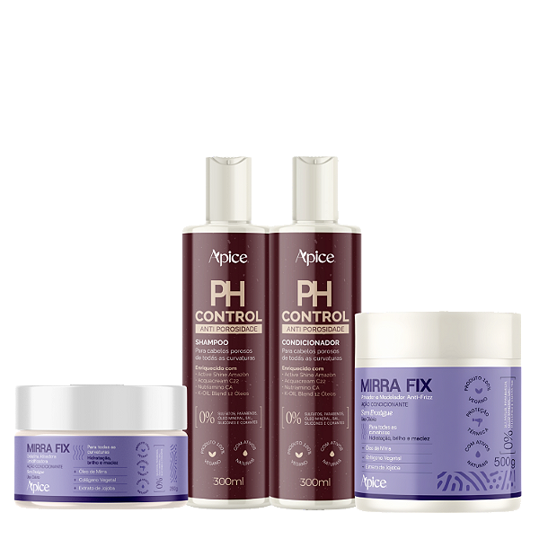 Kit Ph Control + Gelatina e Creme Mirra Fix - Apice | Hidratação, Antiporosidade e Definição para Cachos