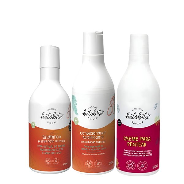 Kit BetoBita Shampoo e Condicionador Acidificante + Creme para Pentear - Restauração Nutritiva e Definição Leve