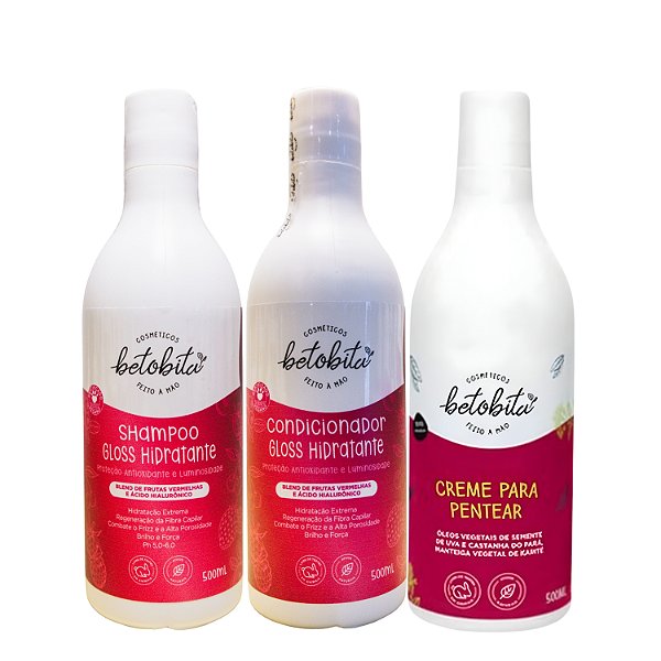 Kit BetoBita Shampoo, Condicionador Gloss Hidratante + Creme de Pentear - Reduz o Frizz e Mantém o Movimento Natural