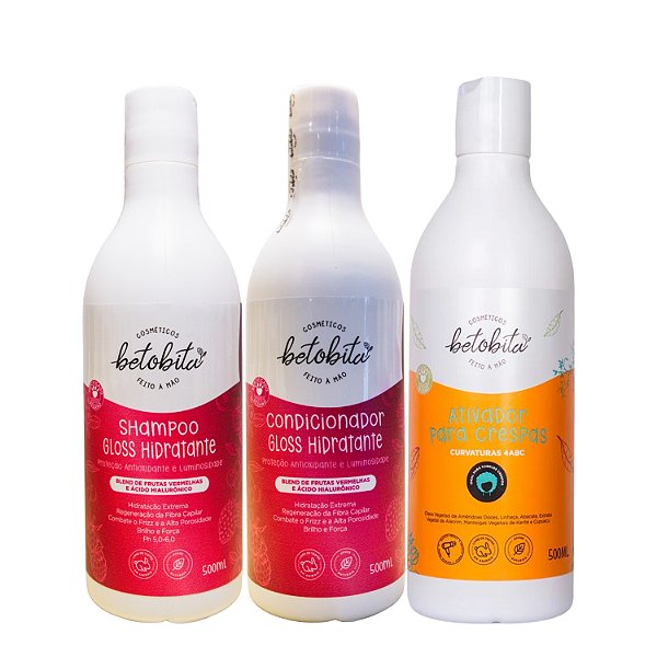 Kit BetoBita Shampoo, Condicionador Gloss Hidratante + Ativador para Crespos - Hidratação Profunda e Definição Poderosa
