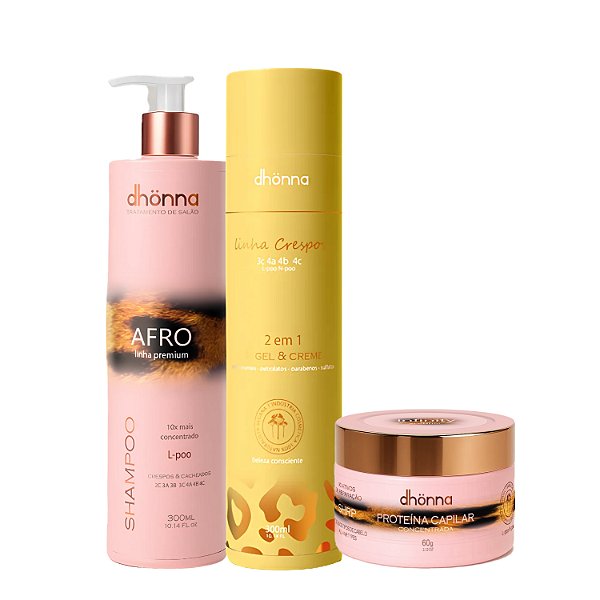 Kit Shampoo Afro, Gel Creme Crespos e Proteína Capilar Infinity – Dhonna | Limpeza, Definição e Umectação