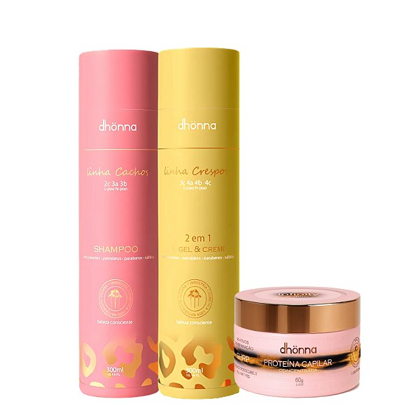 Kit Shampoo Cachos, Gel Creme Crespos e Proteína Capilar Infinity – Dhonna | Limpeza, Definição e Umectação