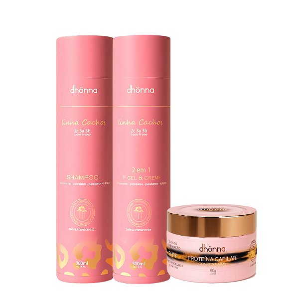 Kit Shampoo Cachos, Gel Creme Cachos e Proteína Capilar Infinity – Dhonna | Limpeza, Definição e Umectação