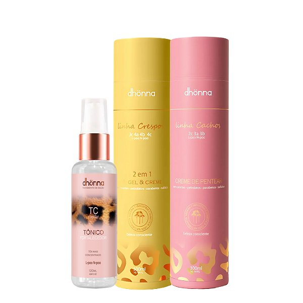 Kit Creme Cachos, Gel e Creme Crespos e Tônico Fortalecedor - Dhonna | Finalização, Definição e Brilho