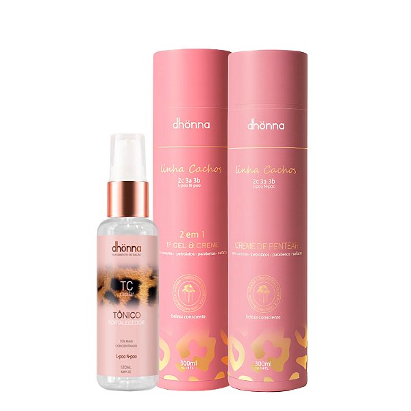 Kit Creme Cachos, Gel e Creme Cachos e Tônico Fortalecedor - Dhonna | Finalização, Definição e Brilho