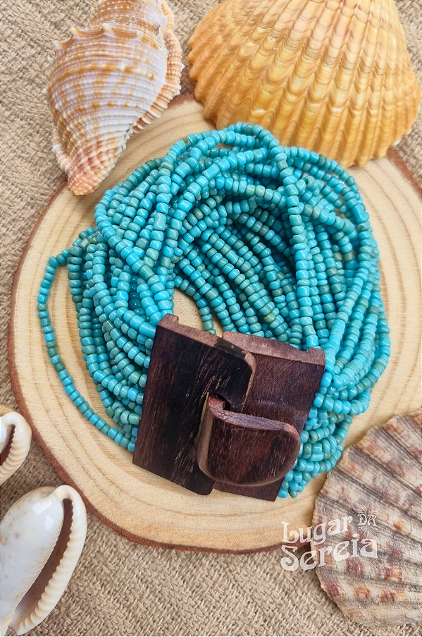 Pulseira Miçanga e Fecho de Madeira - Azul