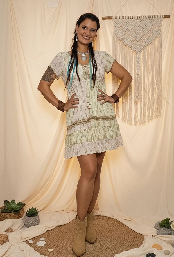 Vestido Curto Brigid Boho com Lurex Dourado