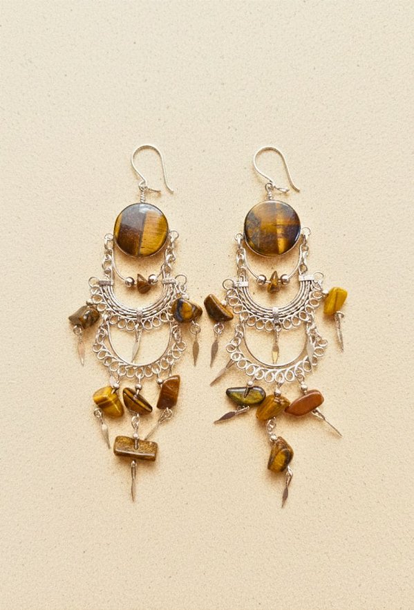 Brinco Hippie Artesanal de Alpaca com Pedra Olho de Tigre