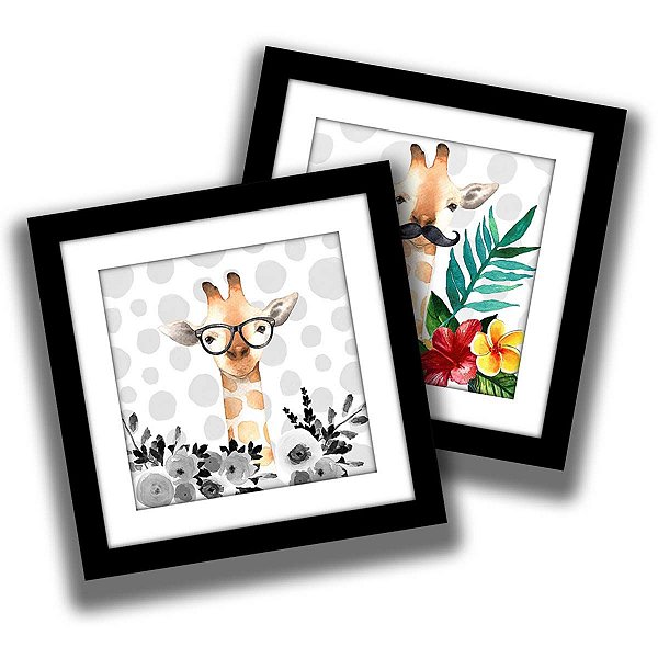 Conjunto Quadro Decorativo Casal Girafa Sala Quarto 30x30