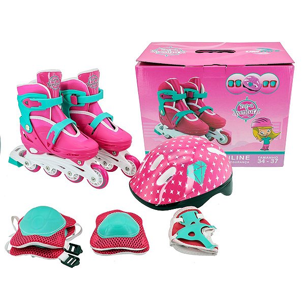Patins 4 Rodas Infantil Feminino Rosa 28-31 Kit Proteção