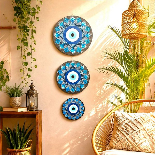 Trio Mandala Olho Grego 20cm, 30cm, 35cm Pintada à Mão