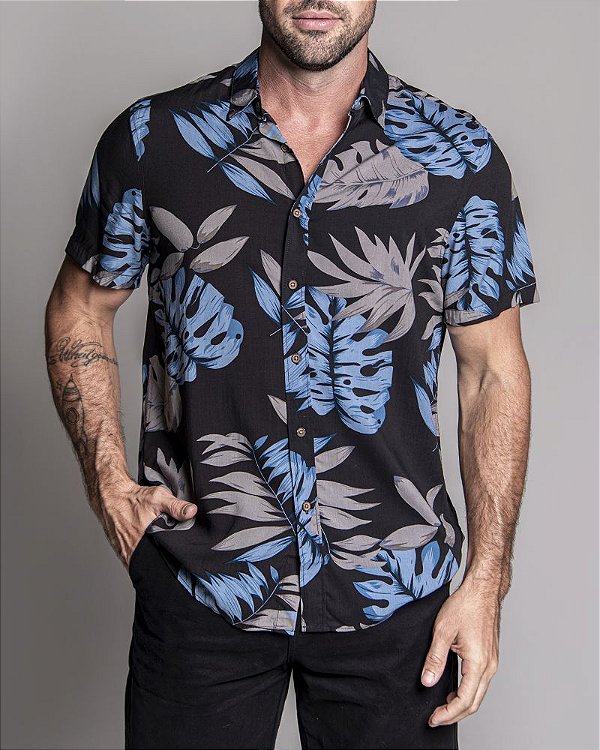 Camisa estampada Floral masculina MC Floripa Pacific Blue Preto
