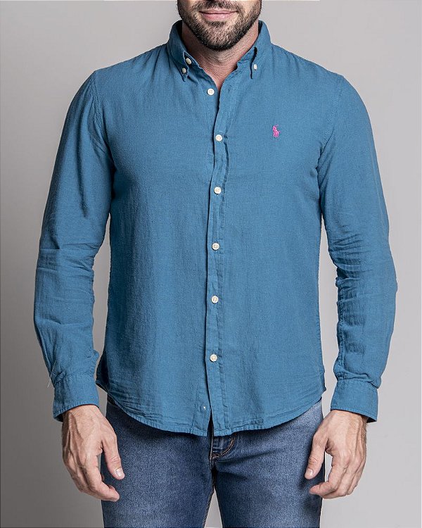 Camisa Ralph Lauren Custom Fit Linho Azul