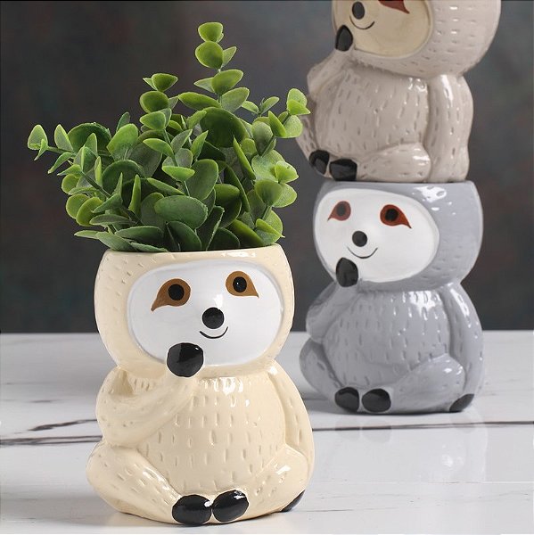 Kit Vasinhos Bicho Preguiça em Cerâmica - Cinza, Marfim e Nude