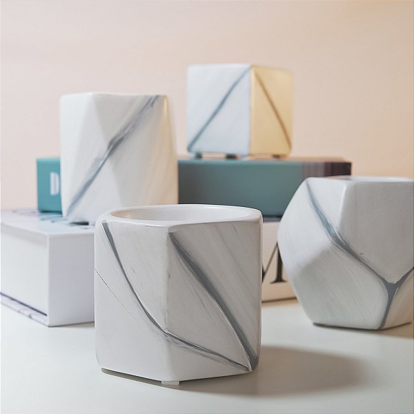 Kit Mini Vasinhos Geométricos Cerâmica Marmorizado