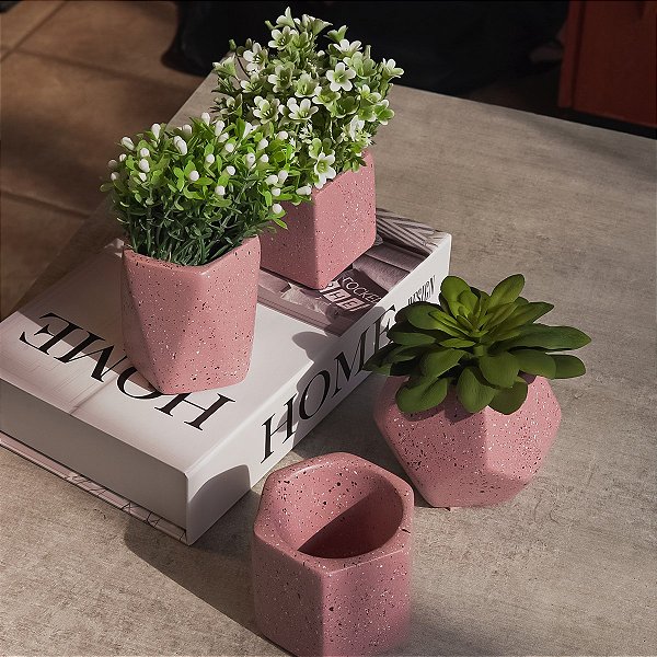 Kit Mini Vasinhos Geométricos Cerâmica Granilite Rosa