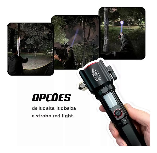 Lanterna Tática Multifuncional JK2210 - LED Alta Potência com Martelo de Emergência e Zoom