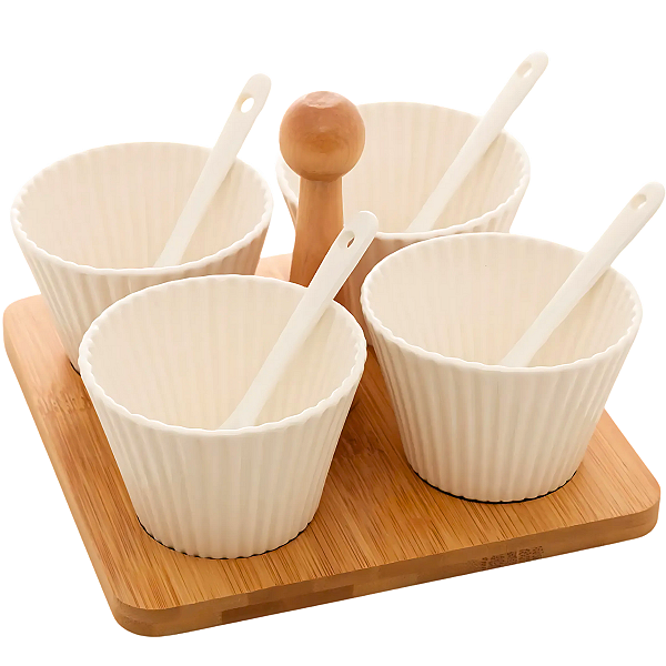 Conjunto de Molheiras Gourmet em Porcelana com Base de Bambu