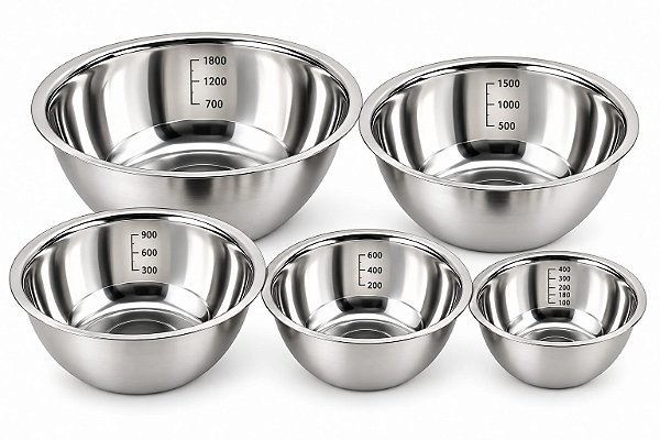 Kit Conjunto Bowl Tigelas Saladeira Inox 5 Peças Graduação ml Multiuso
