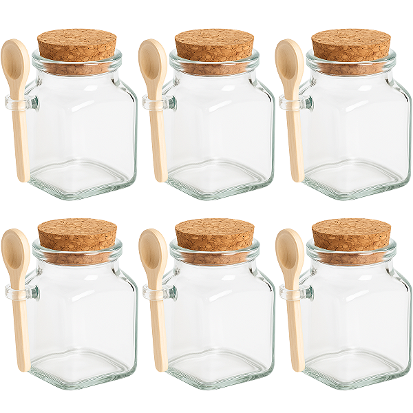 Kit 6 Potes de Vidro com Tampa Cortiça e Colher Madeira 90ml