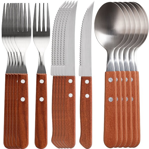 Kit 18 Talheres Inox Cabo de Madeira Facas Garfos e Colheres