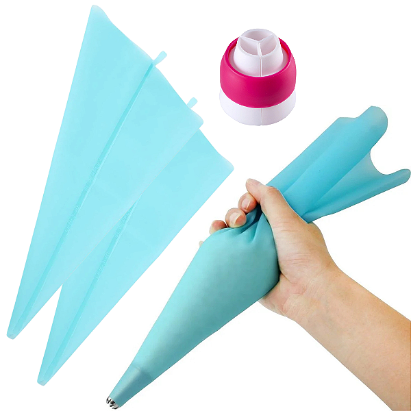 Kit 3 Mangas Reutilizáveis p/ Confeitar + Adaptador Triplo