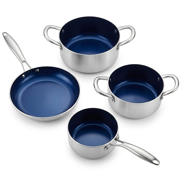 Jogo Panelas 4 Peças inox e alumínio Antiaderente cerâmico tampa vidro