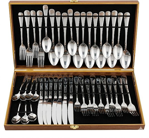 Conjunto de Talheres Faqueiro Maleta de Madeira com 42 Peças