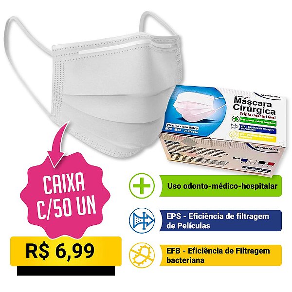 Máscara Cirúrgica Tripla Descartável 50 unidades