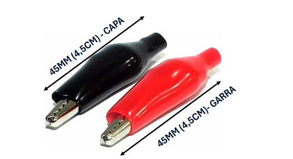GARRA JACARÉ CLIP PARA BATERIA 10A 4,5CM 45MM VERMELHA E PRETA