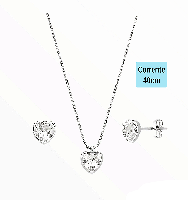 Conjunto Colar Brinco Ponto de Luz Coração Prata 925