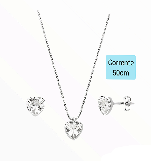 Conjunto Colar Brinco Ponto de Luz Coração Prata 925