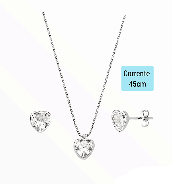 Conjunto Colar Brinco Ponto de Luz Coração Prata 925