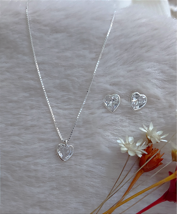 Conjunto Colar Brinco Ponto de Luz Coração Prata 925