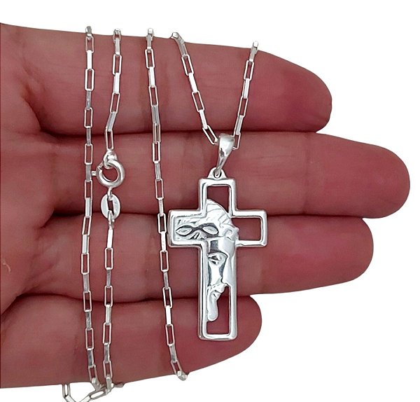 Corrente Cartie Pingente Cruz Face de Cristo Prata 925 70cm