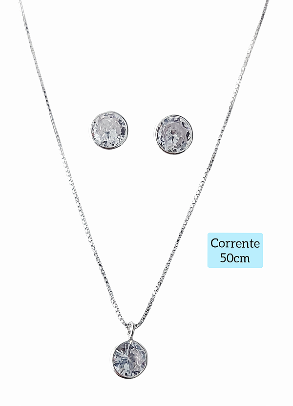 Conjunto Ponto De Luz Prata 925 Colar Brinco E Pingente 50cm