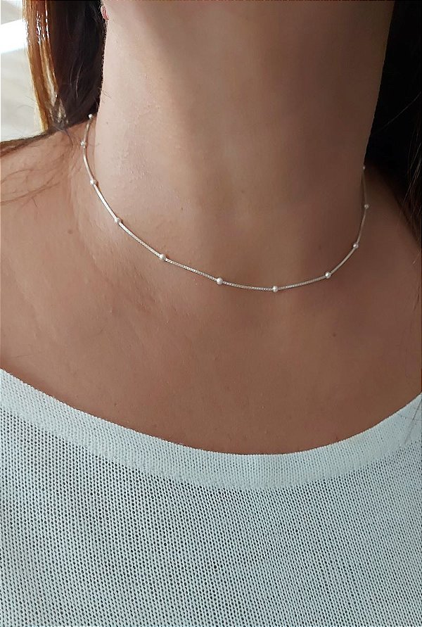 Choker Bolinha Veneziana 40cm Prata 925