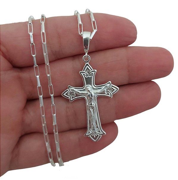 Corrente Cartie com Pingente Cruz Cristo Prata 925 70cm