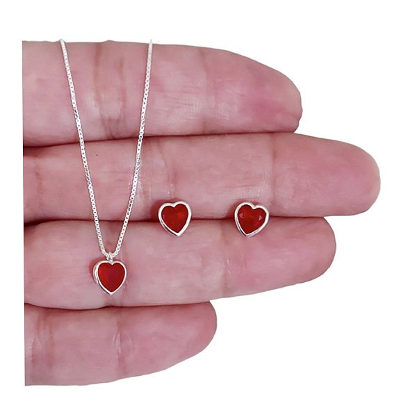 Conjunto Colar e Brinco Coração Vermelho Prata 925 50cm