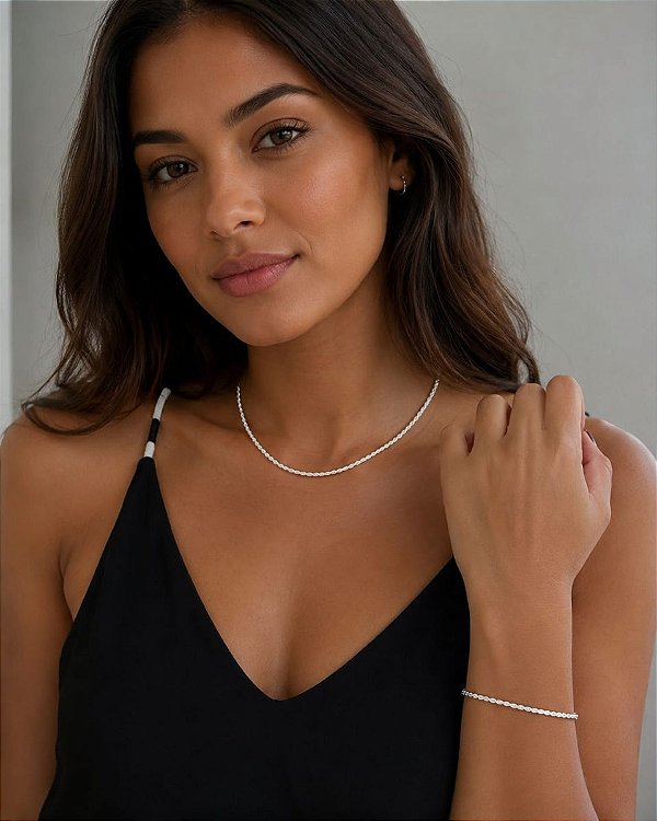 Conjunto Feminino Cordão Baiano Prata Italiana Original 925